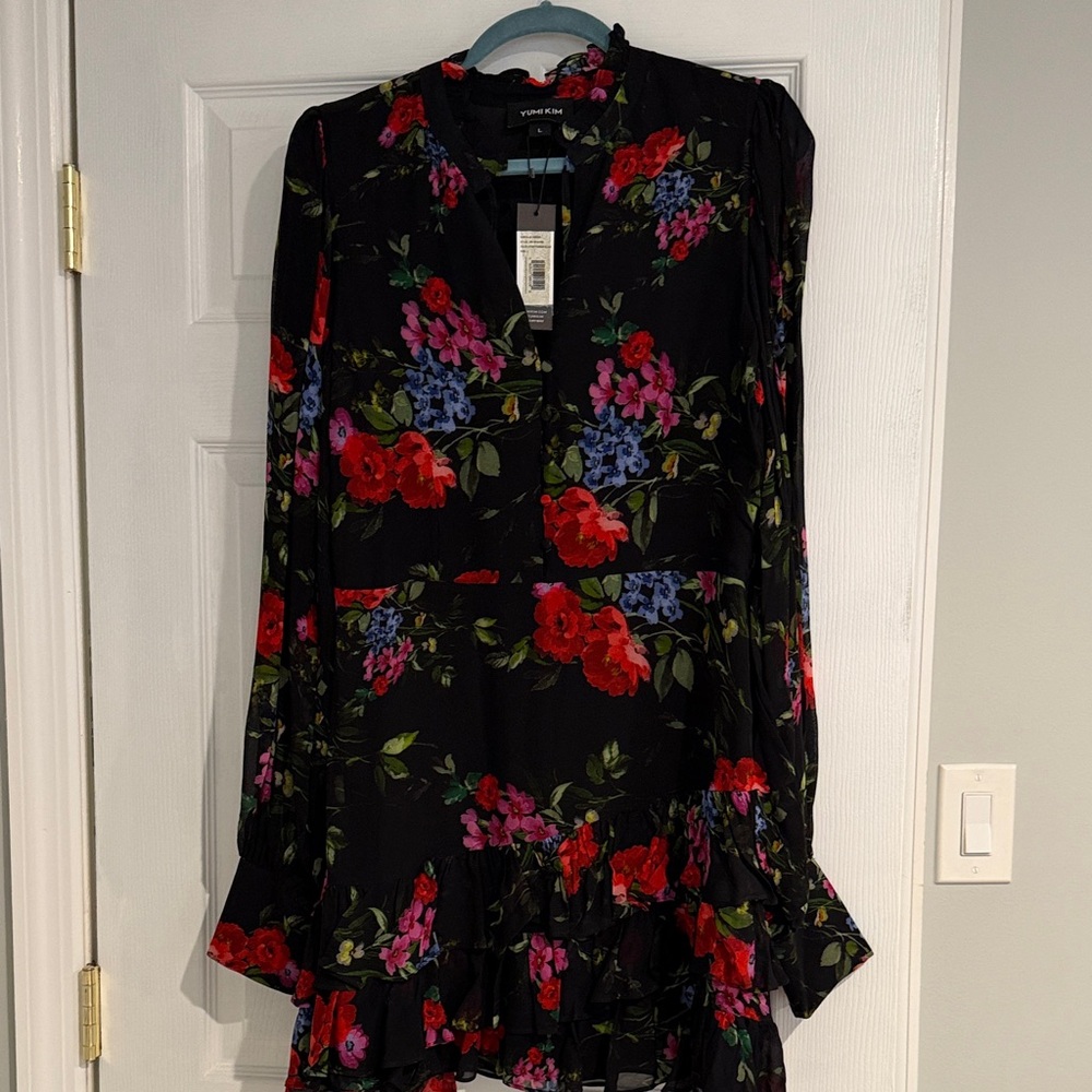 Yumi Kim Black Floral Ruffle Mini Dress